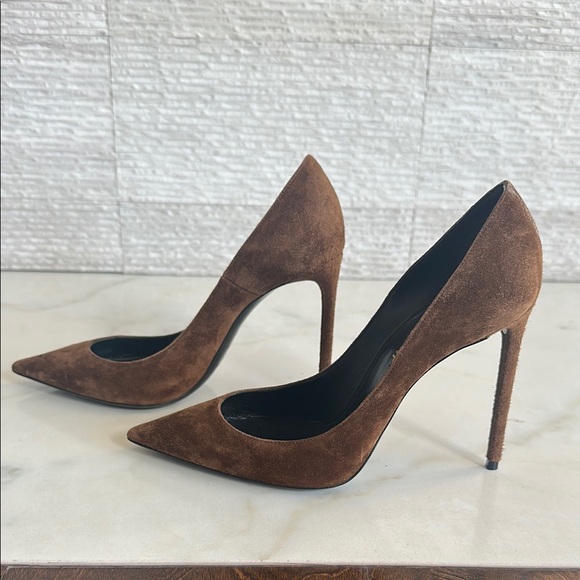 Elegant Brown Saint Laurent Suede Stiletto Heels, size 37.5 - Picture 6 of 10